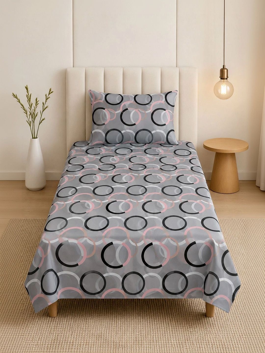 TINDLER KNOTS Grey & Pink 144 TC Single Bedsheet with 1 Pillow Covers