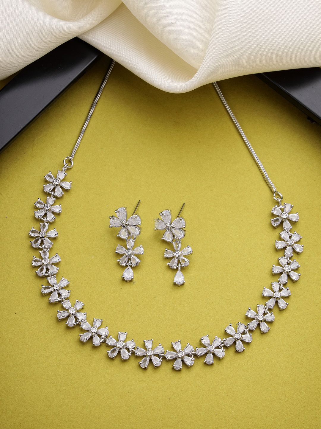 Anouk Rhodium-Plated AD-Studded Necklace & Earrings