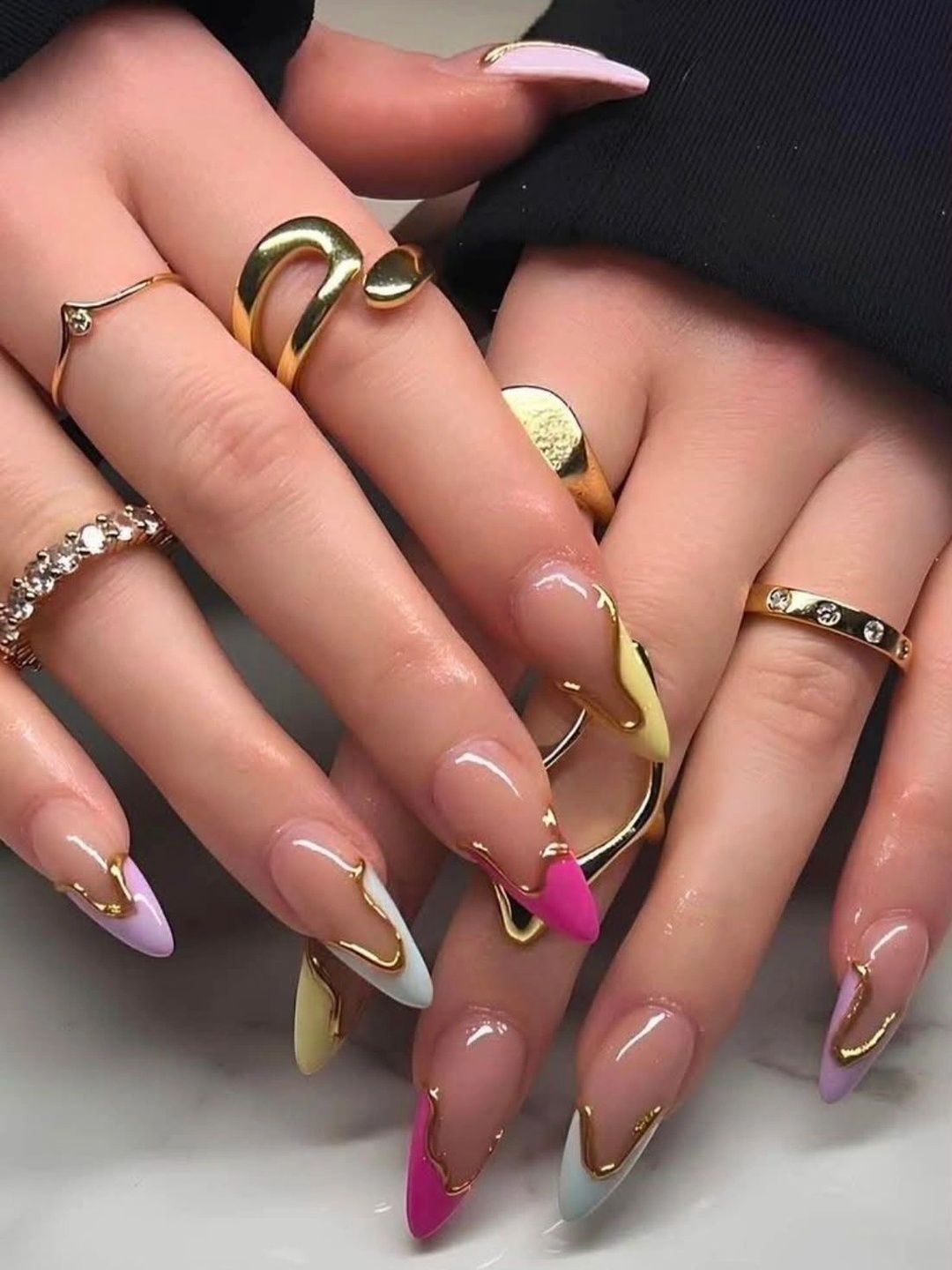 AMOK STORE Set Of 12 Almond Pastel Press-On Nails with 3D Gold Drips