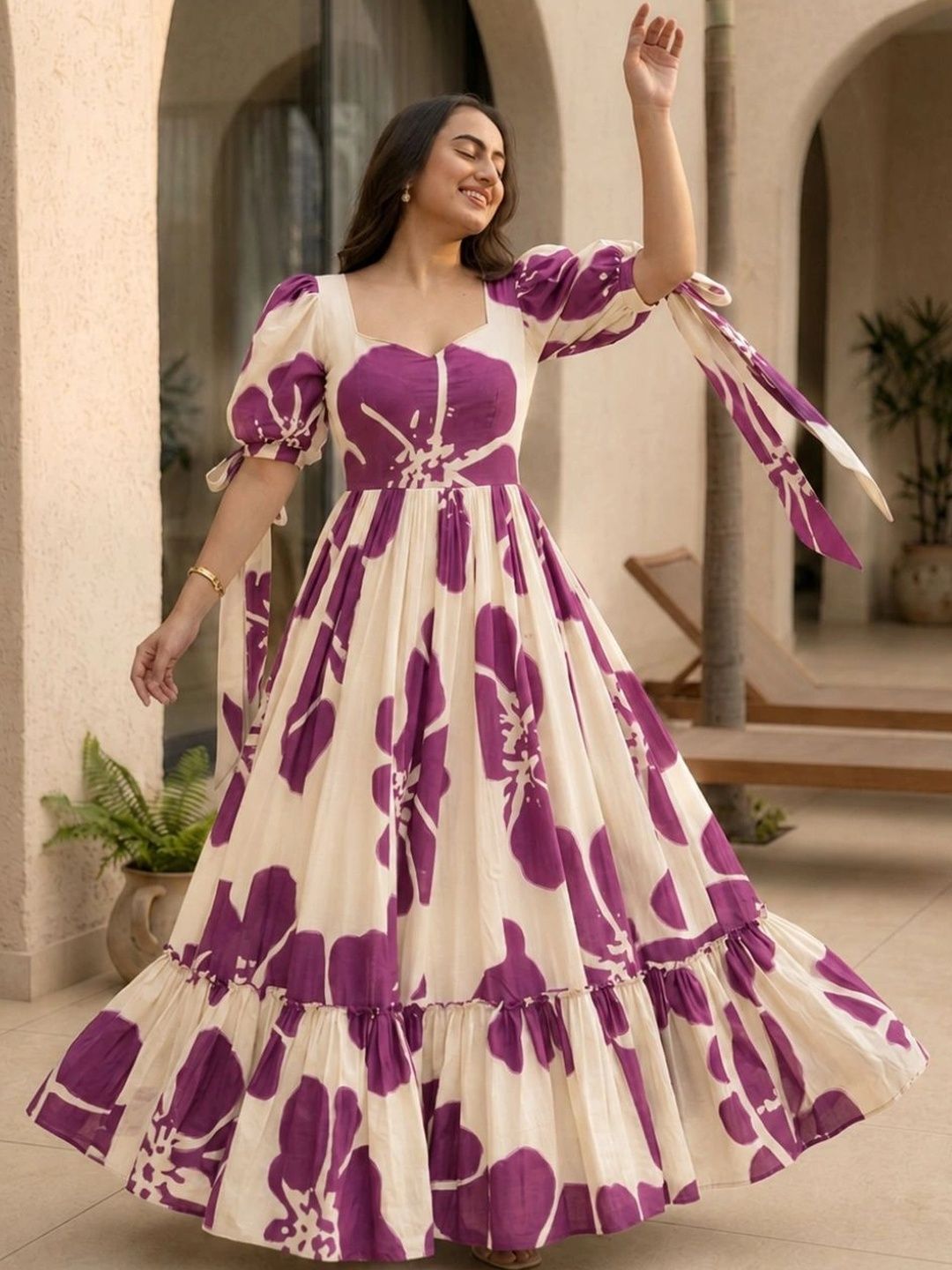 Modestouze Attires Floral Print Puff Sleeve Maxi Dress