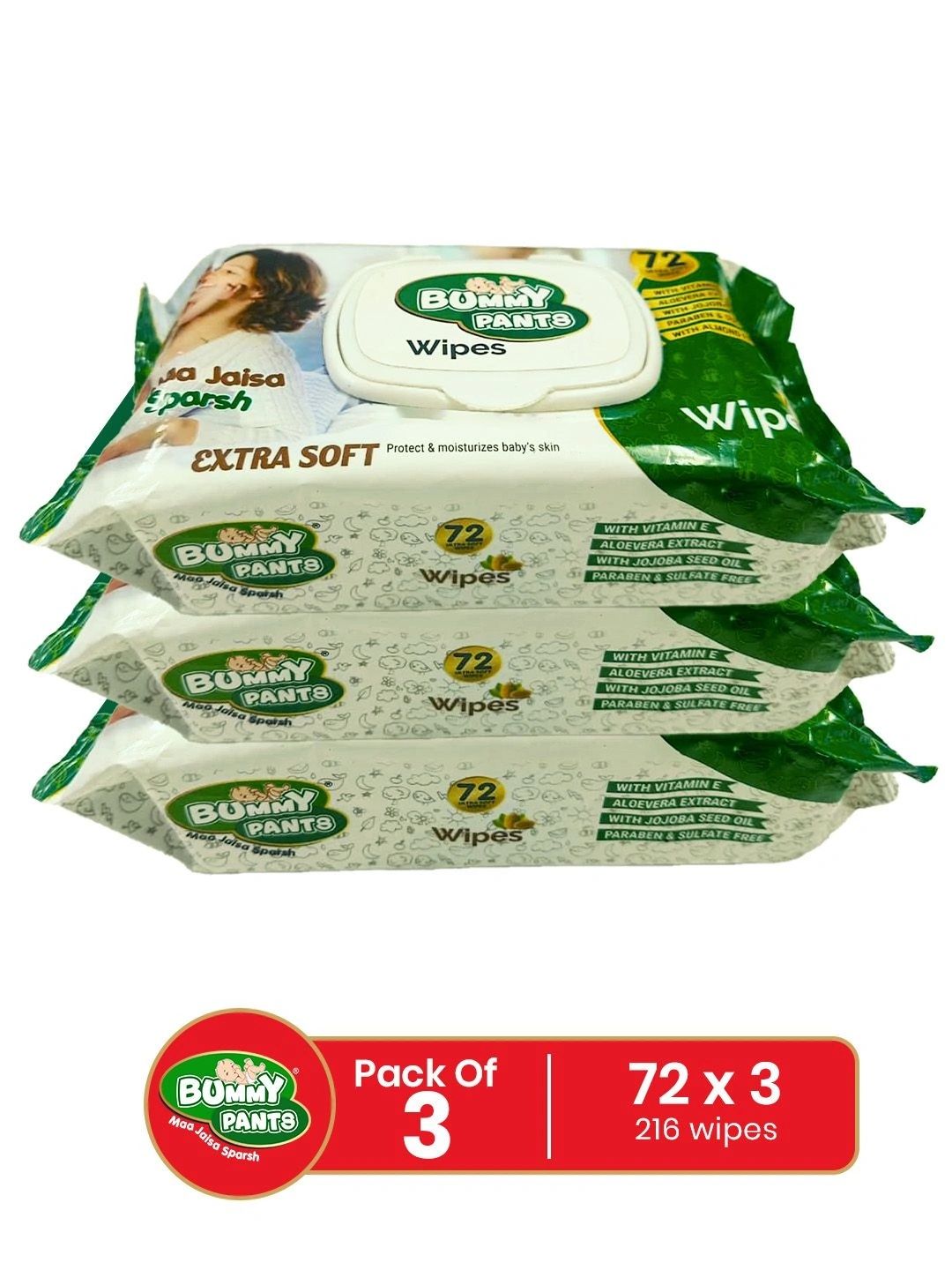Bummy Pants Kids Set of 3 Moisturizing Baby Wipes - 72 Wipes Per Pack