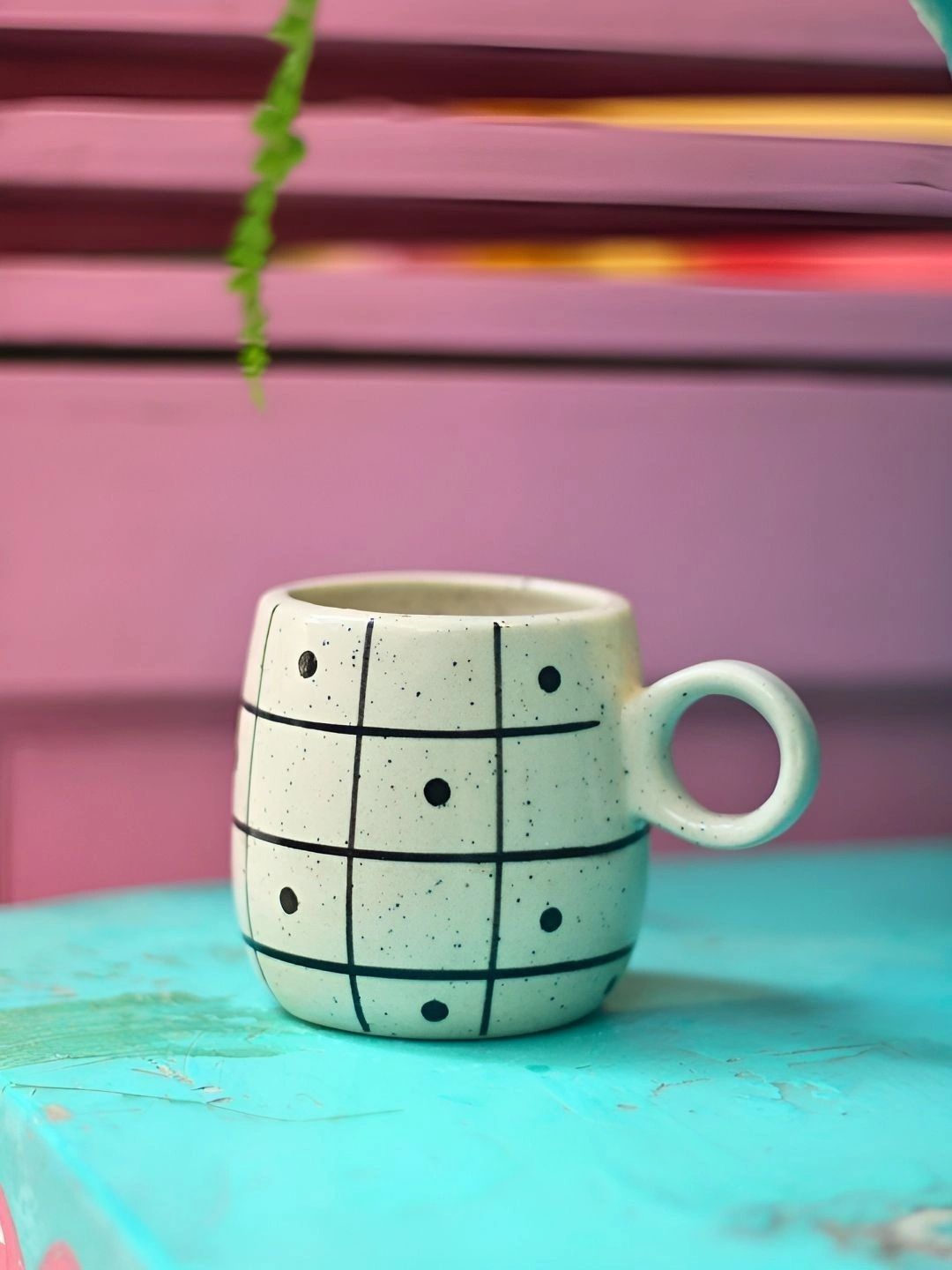 WEAVING HOMES White Checkered Ceramic Microwave Safe Mug-250ml
