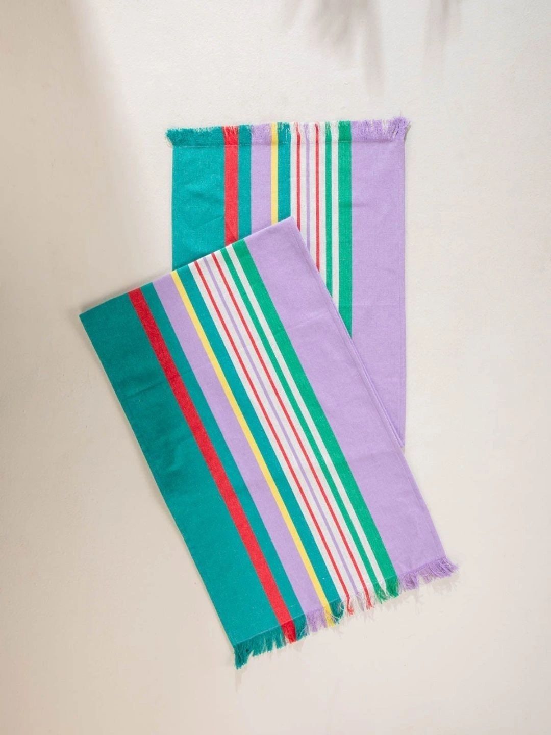 FREEDOM TREE Happy Stripes Green Multi Geometric Cotton Table Runner