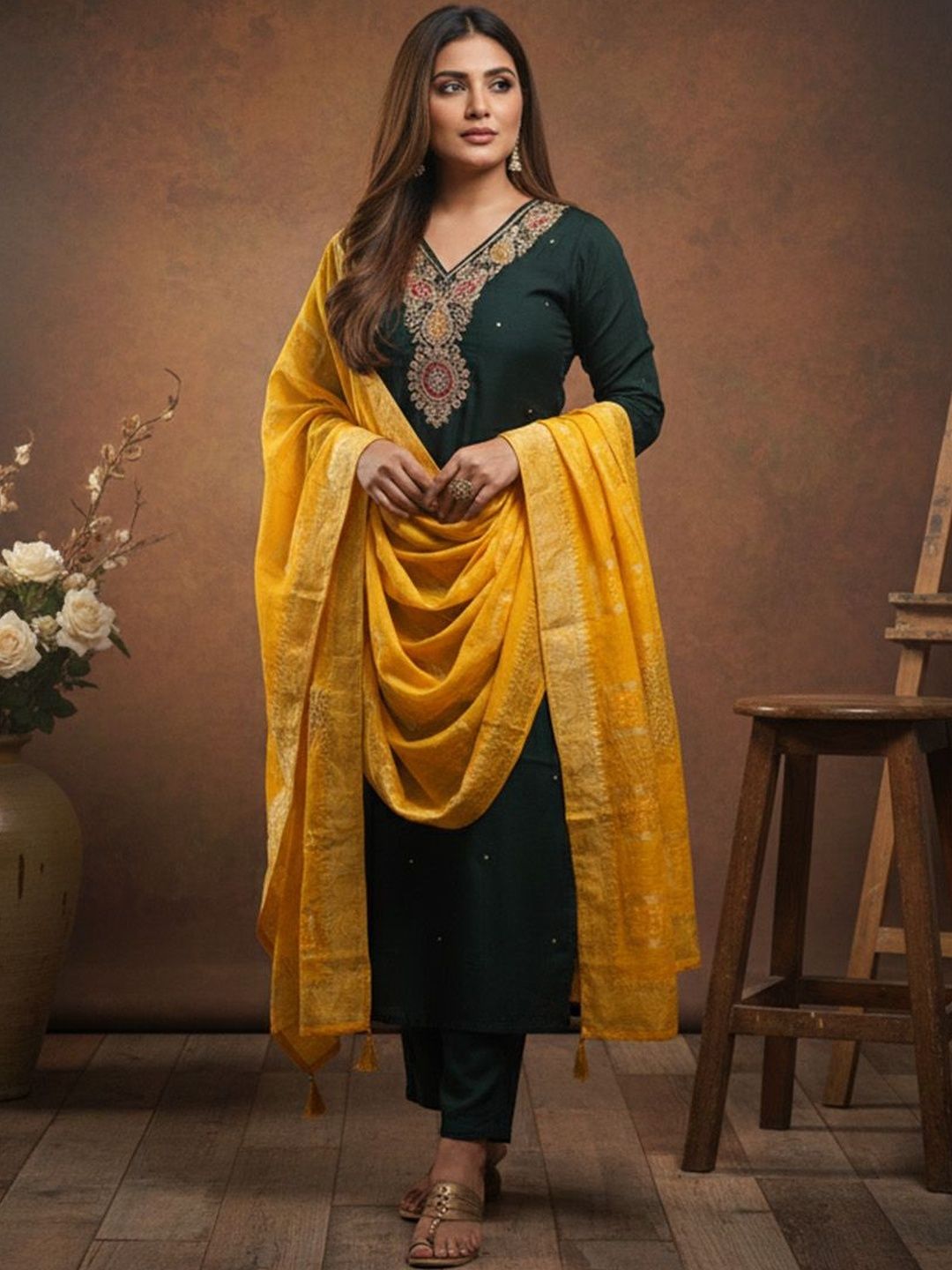 Anouk Mirage Women Ethnic Motifs Embroidered Regular Thread Work Kurta with Trousers & With Dupatta