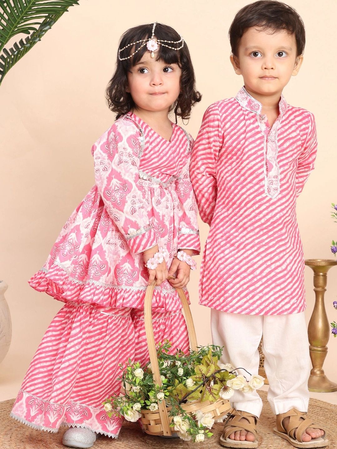 Girls Floral Printed Pleated Round Neck Pure Cotton Anarkali Kurta With Sharara 2