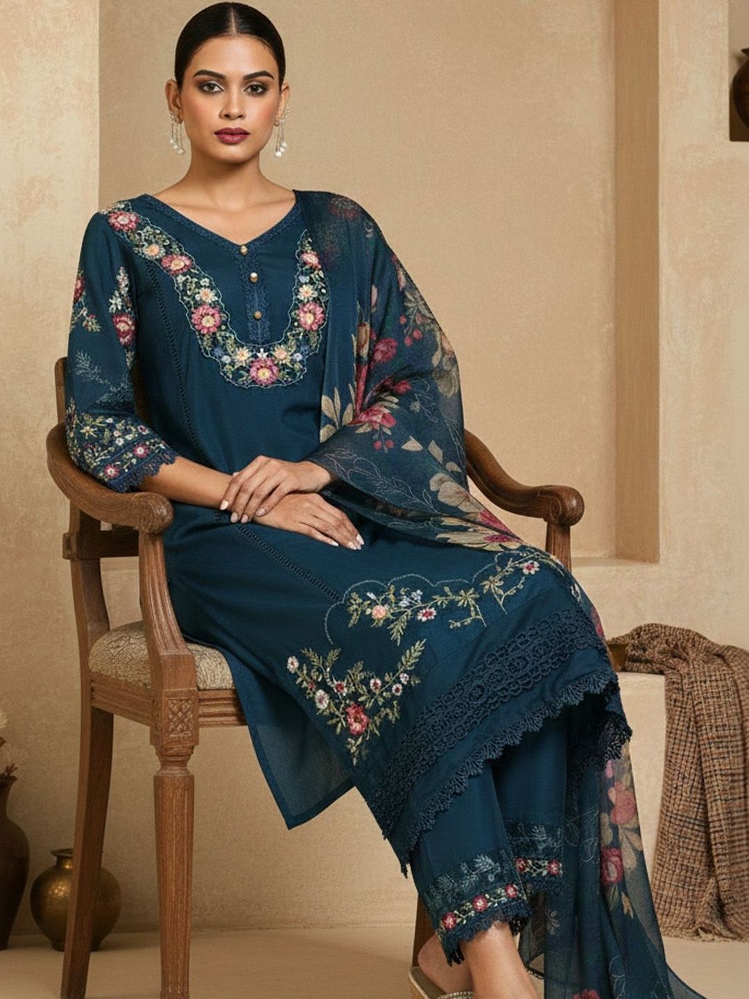 Anouk Women Floral Embroidered Regular Thread Work Pure Cotton Kurta with Trousers & With Dupatta