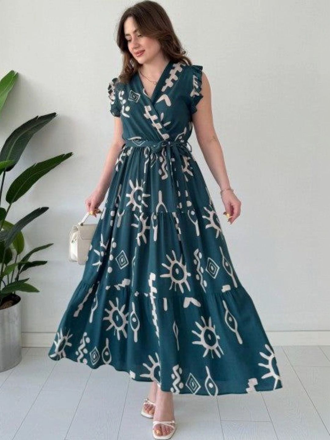 Modestouze Attires Print Flutter Sleeve Ruffled Maxi Dress