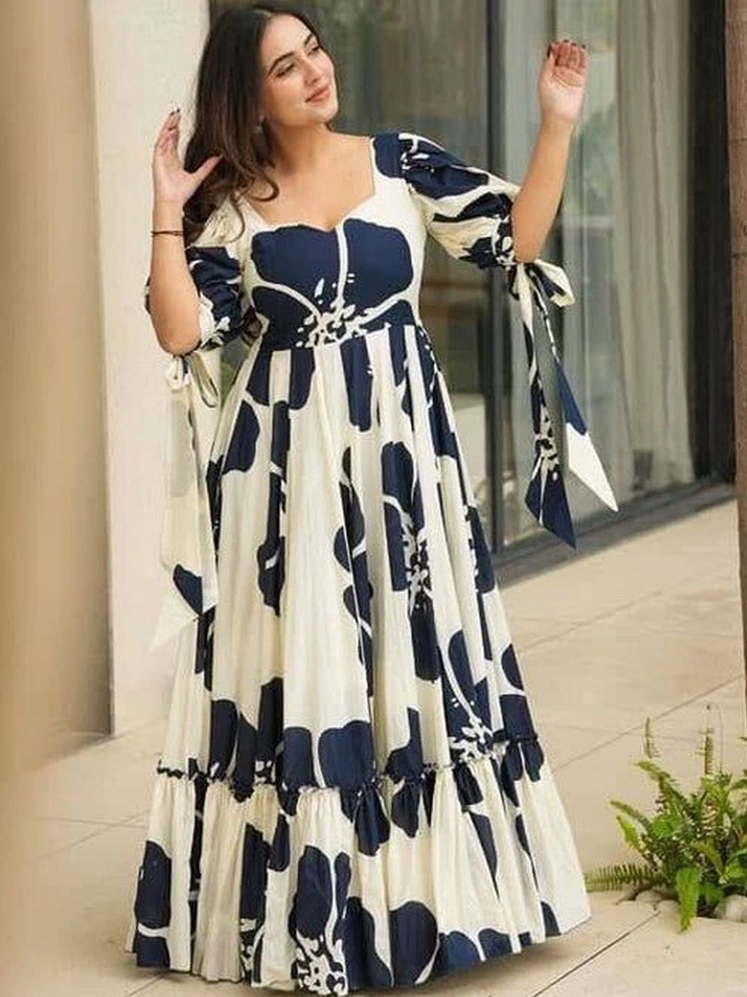 Modestouze Attires Floral Print Puff Sleeve Ruffled Maxi Dress