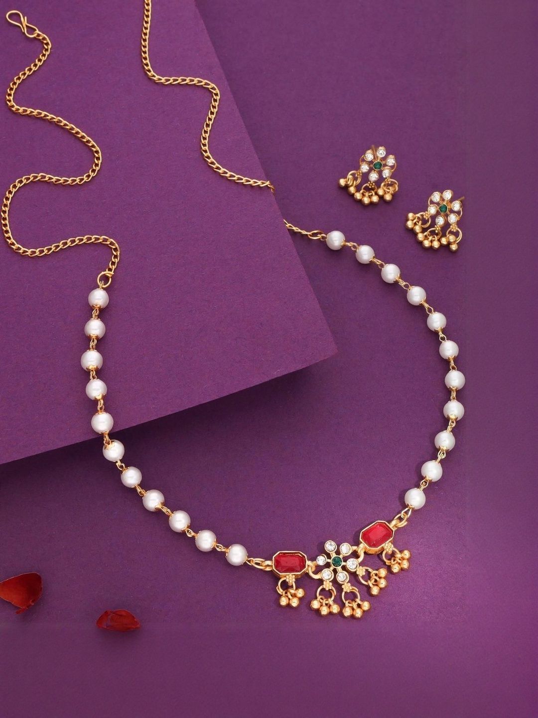 Gold Plated Floral Design Pearl Chain Necklace set with Earring for Women & girl