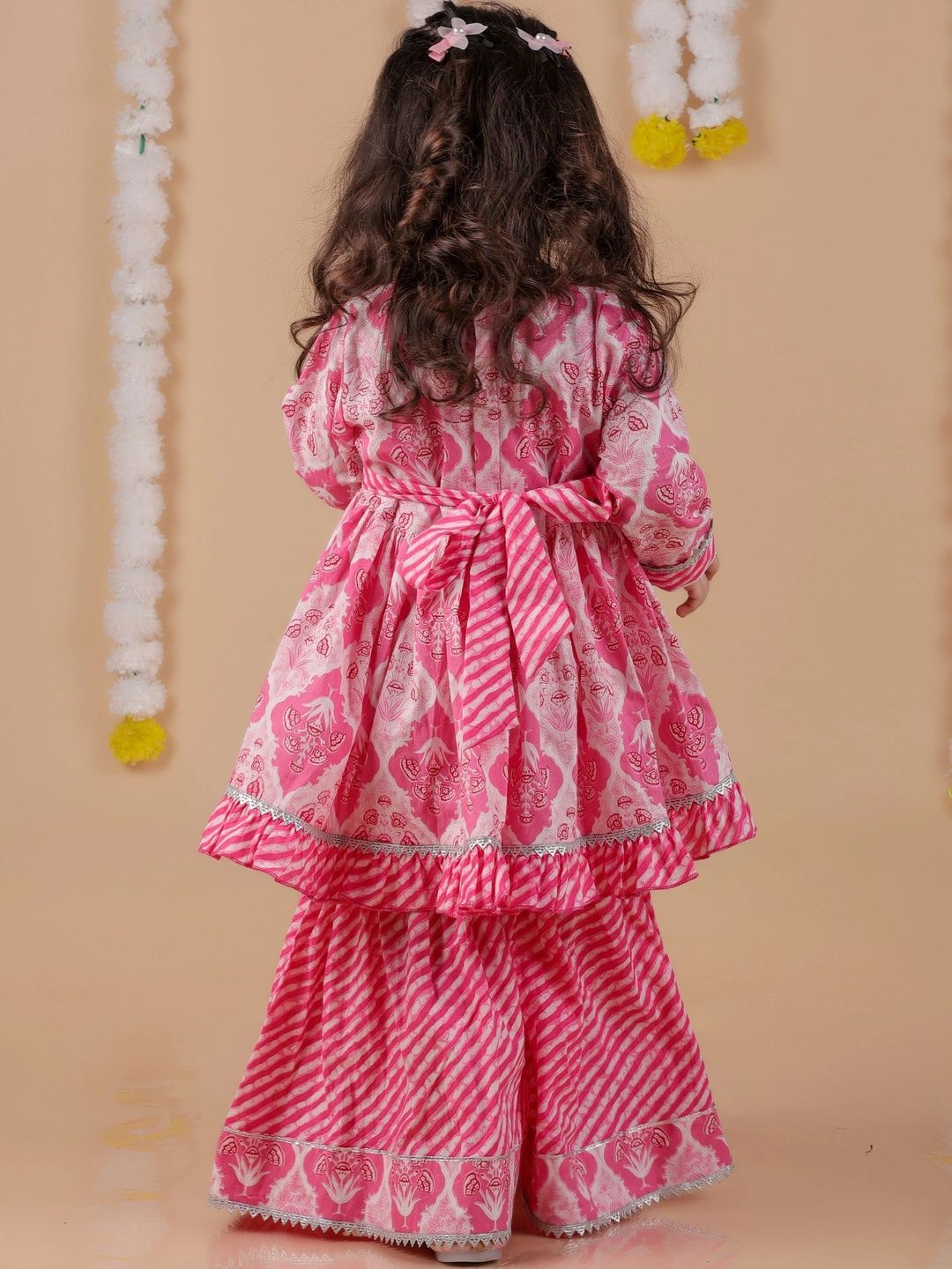 Girls Floral Printed Pleated Round Neck Pure Cotton Anarkali Kurta With Sharara 4