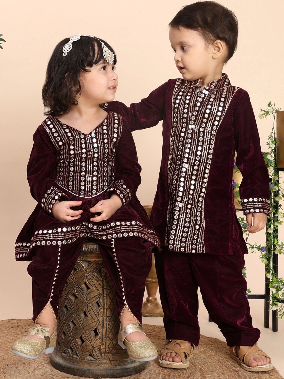 Girls Ethnic Motifs Embroidered Empire Gotta Patti Velvet Kurta with Patiala