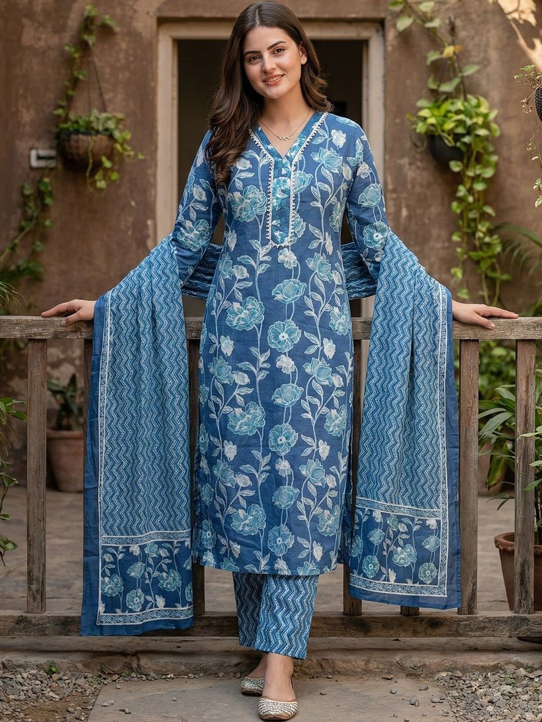 Anouk Women Floral Printed Regular Pure Cotton Kurta with Trousers & With Dupatta