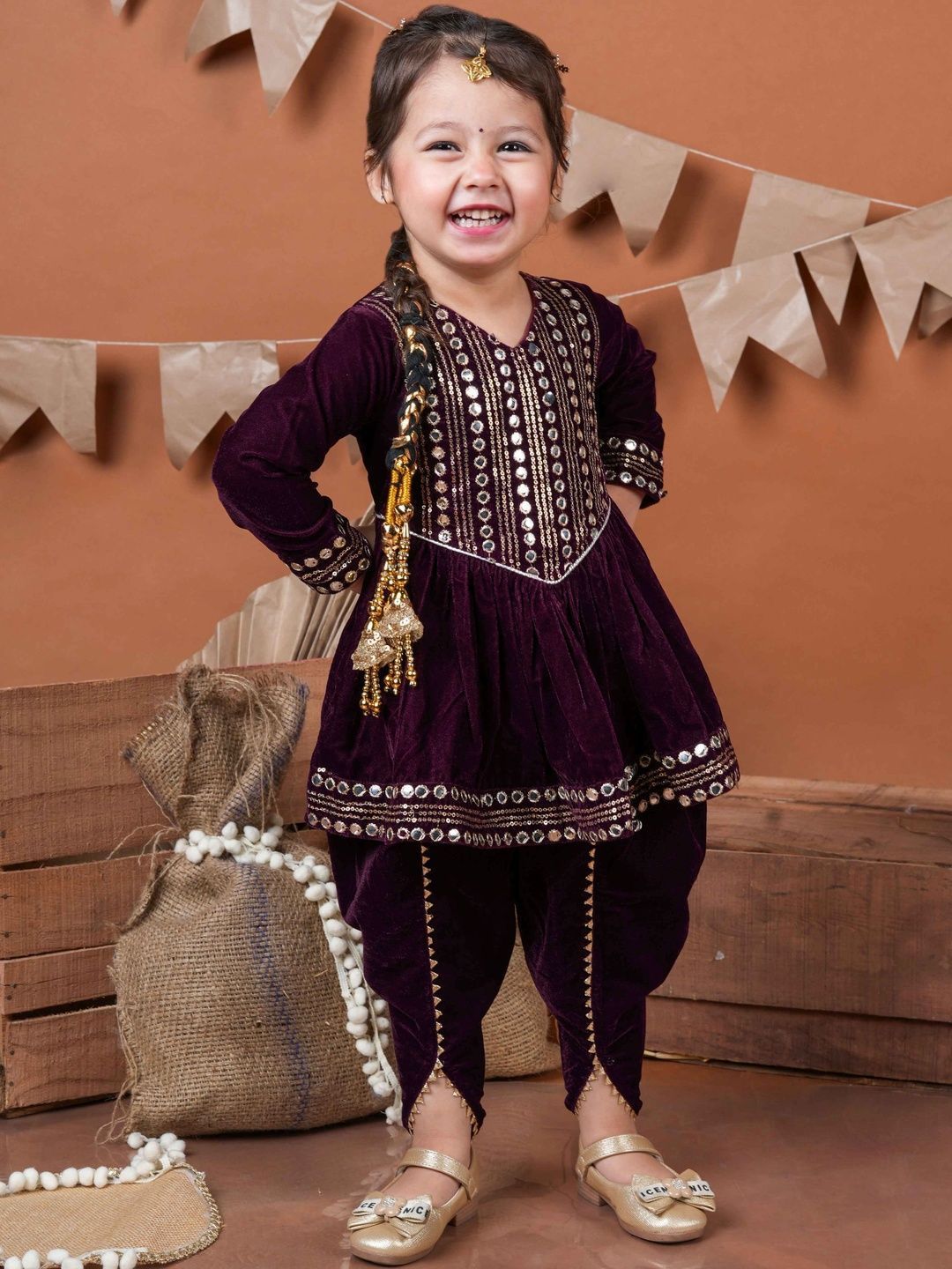 Girls Ethnic Motifs Embroidered Empire Gotta Patti Velvet Kurta with Patiala 3