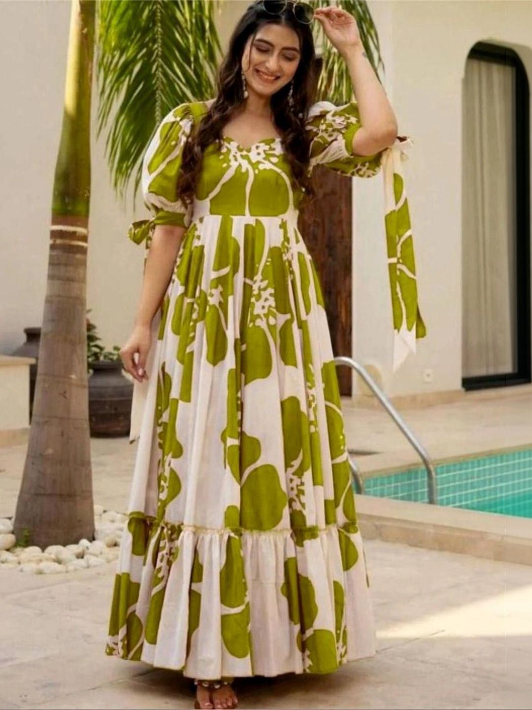 Modestouze Attires Floral Print Puff Sleeve Ruffled A-Line Maxi Dress