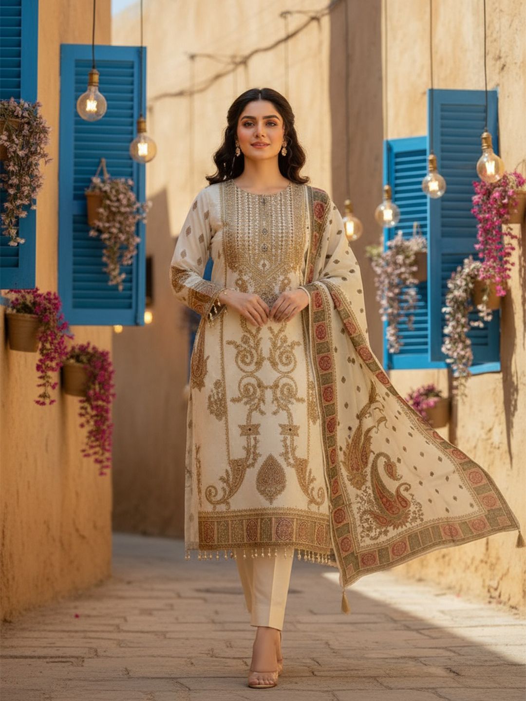 Anouk Ethnic Motifs Printed Round Neck Straight Kurta With Trousers & Dupatta