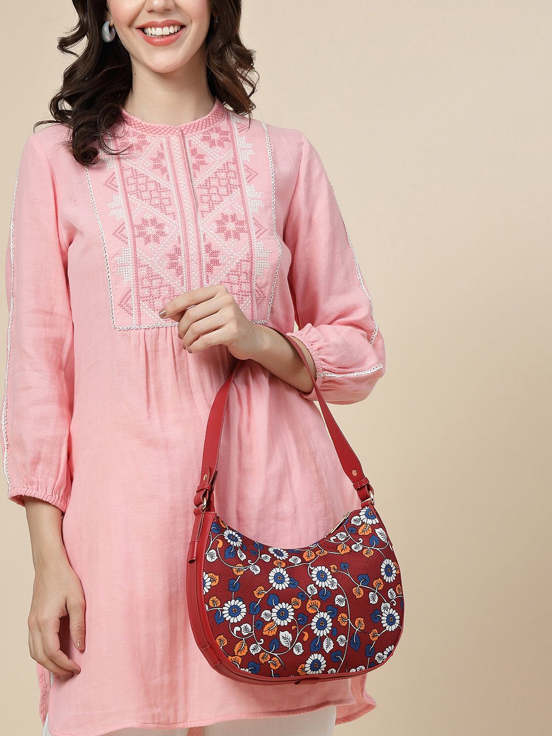 Anouk Floral Printed PU Half Moon Hobo Bag