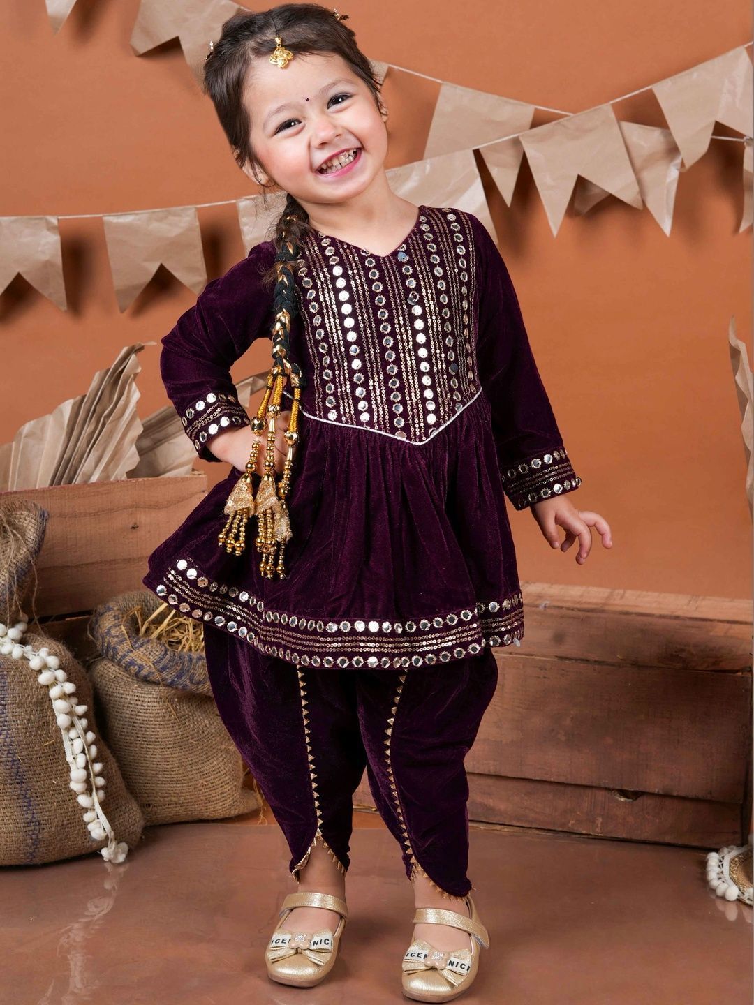 Girls Ethnic Motifs Embroidered Empire Gotta Patti Velvet Kurta with Patiala 5