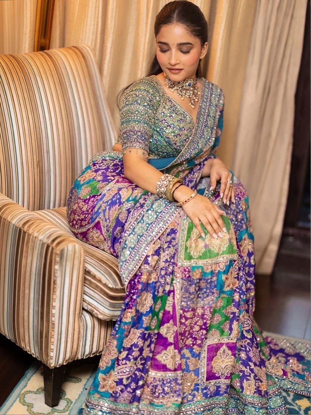 Mirror Work Poly Crepe Saree 2