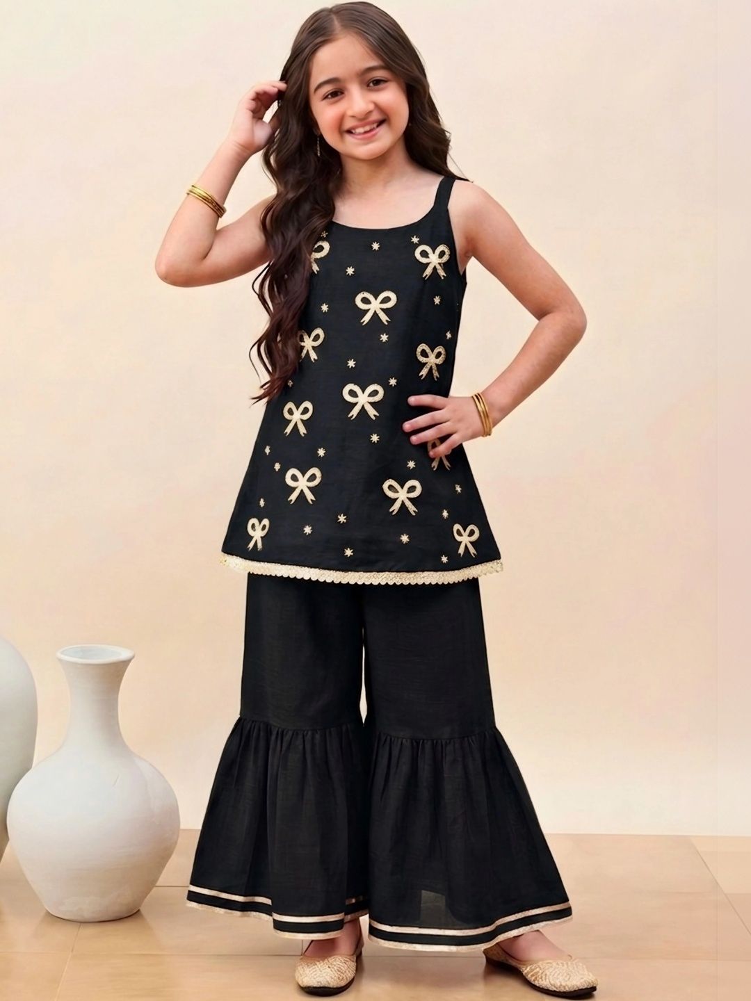 SHAHUDI DESIGNER Girls Embroidered Regular Thread Work Kurta with Palazzos