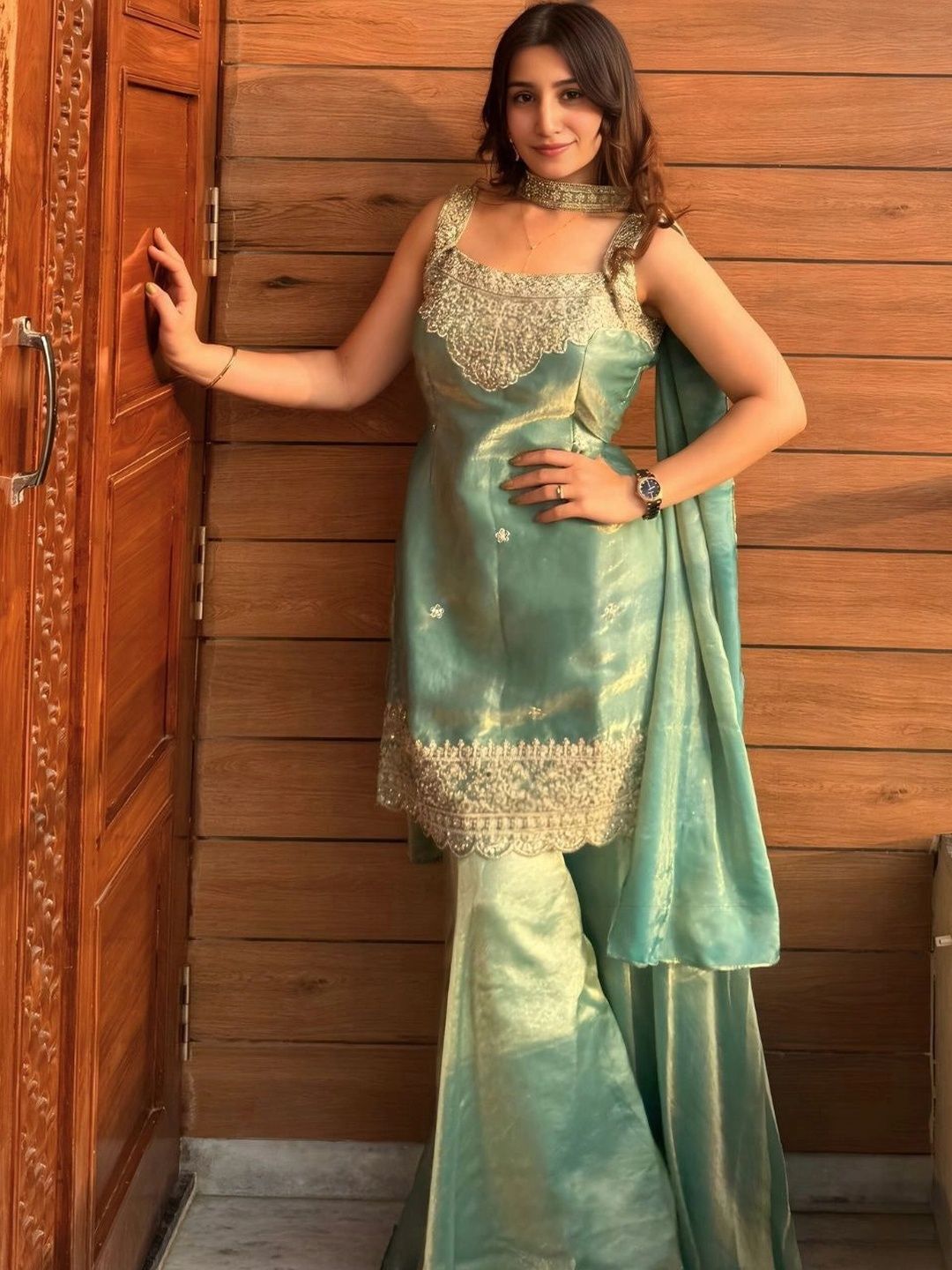 HERE&NOW Women Ethnic Motifs Embroidered Regular Kurta with Sharara & With Dupatta