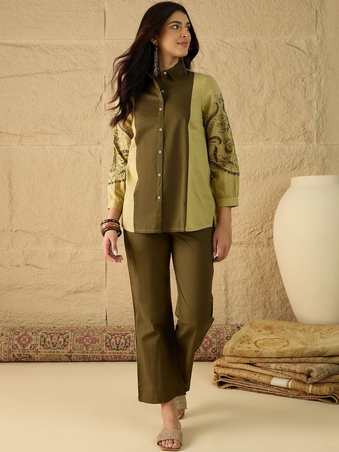 Anouk Floral Embroidered Shirt Collar Pure Cotton Shirt With Trousers