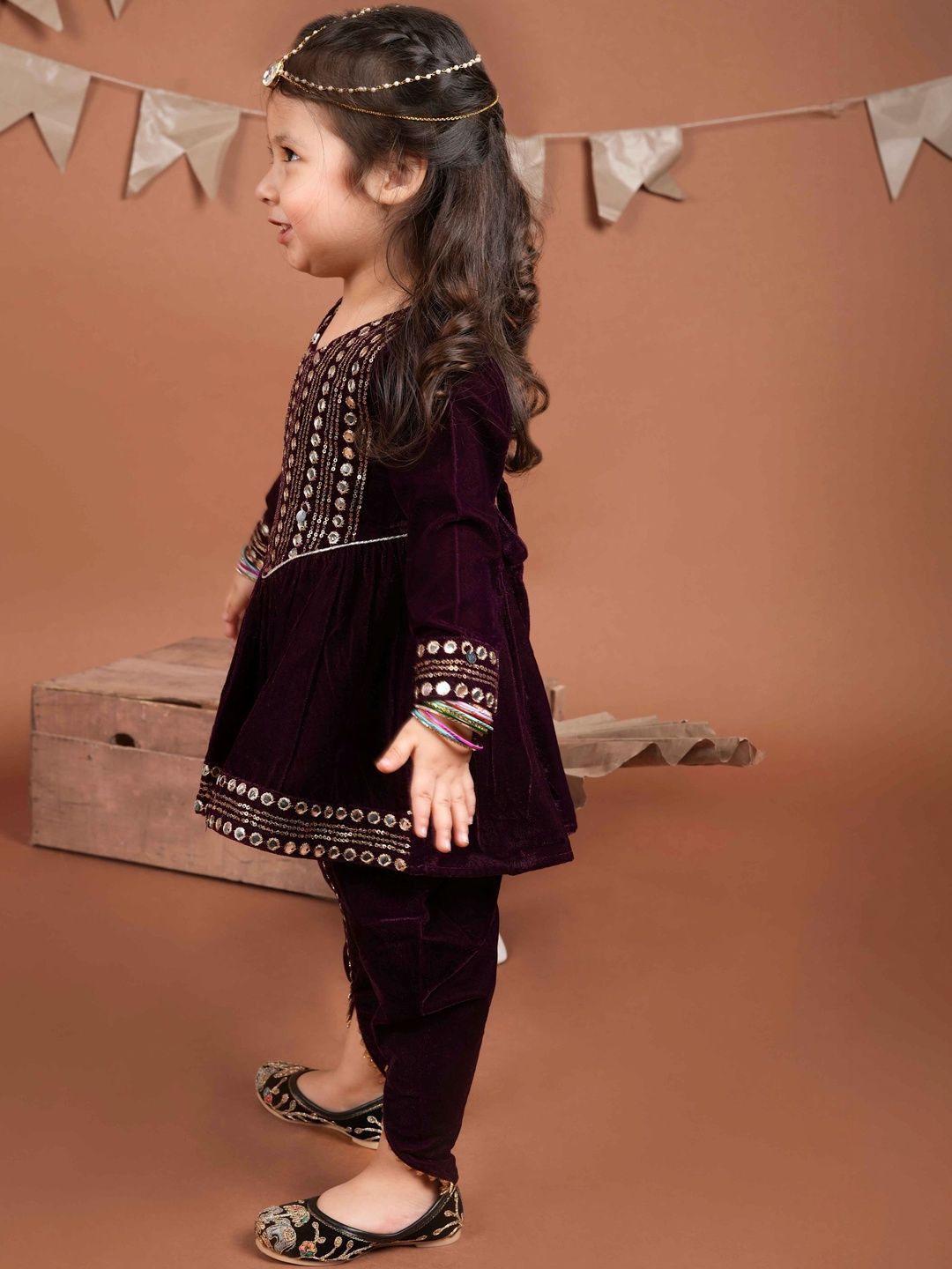 Girls Ethnic Motifs Embroidered Empire Gotta Patti Velvet Kurta with Patiala 4