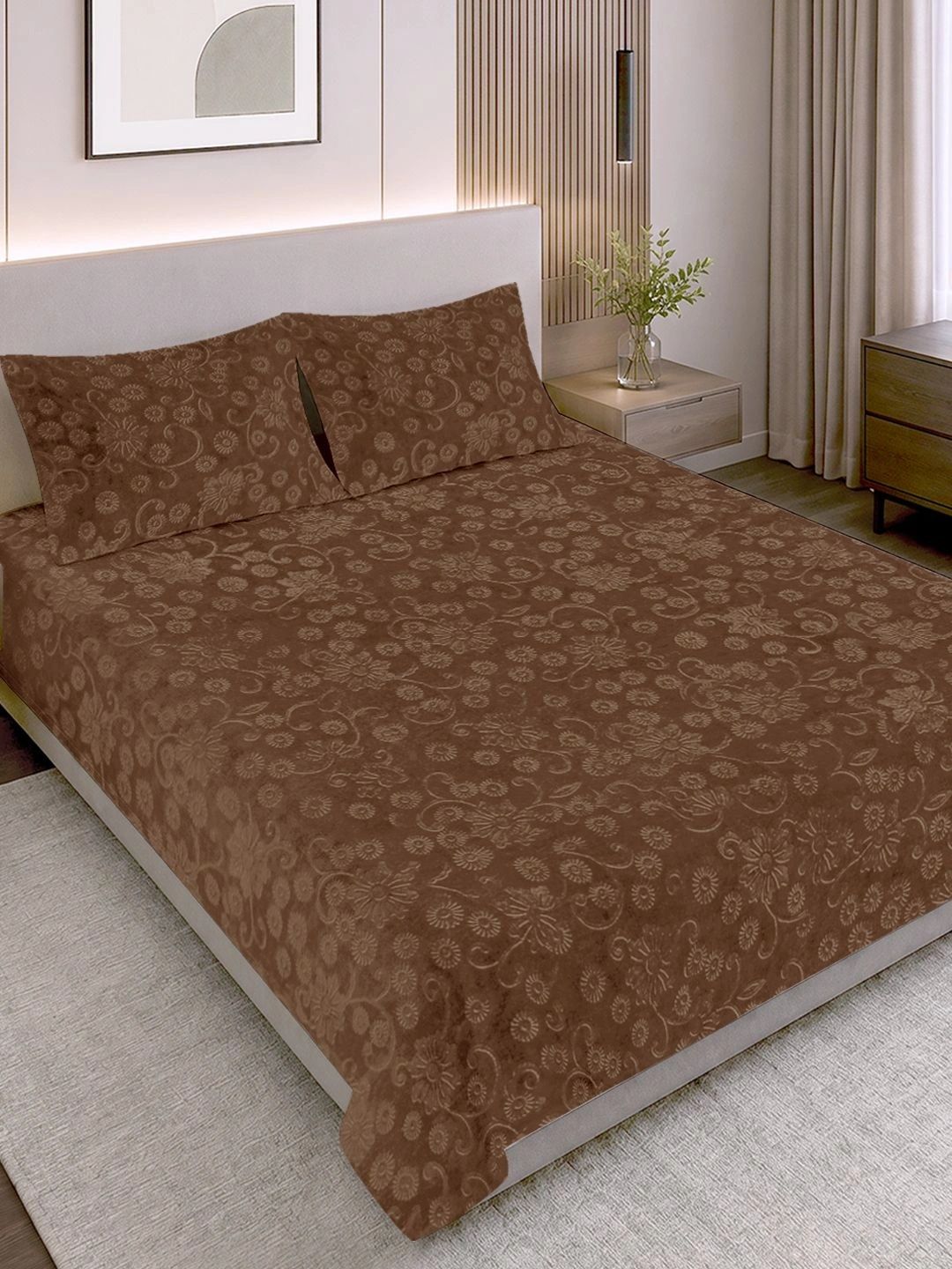 Myntra Elegant Homes Brown Floral 300 TC King Bedsheet with 2 Pillow Covers