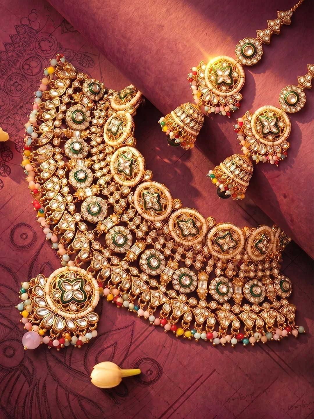 Peora Gold-Plated Enamelled Kundan Necklace and Earrings