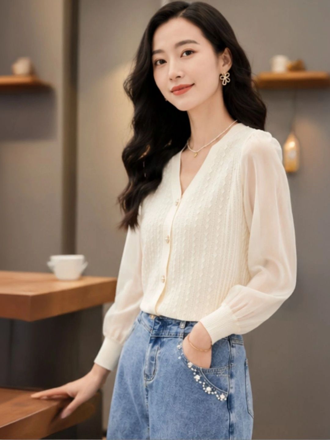 KPOP Women V-Neck Long Sleeves Top