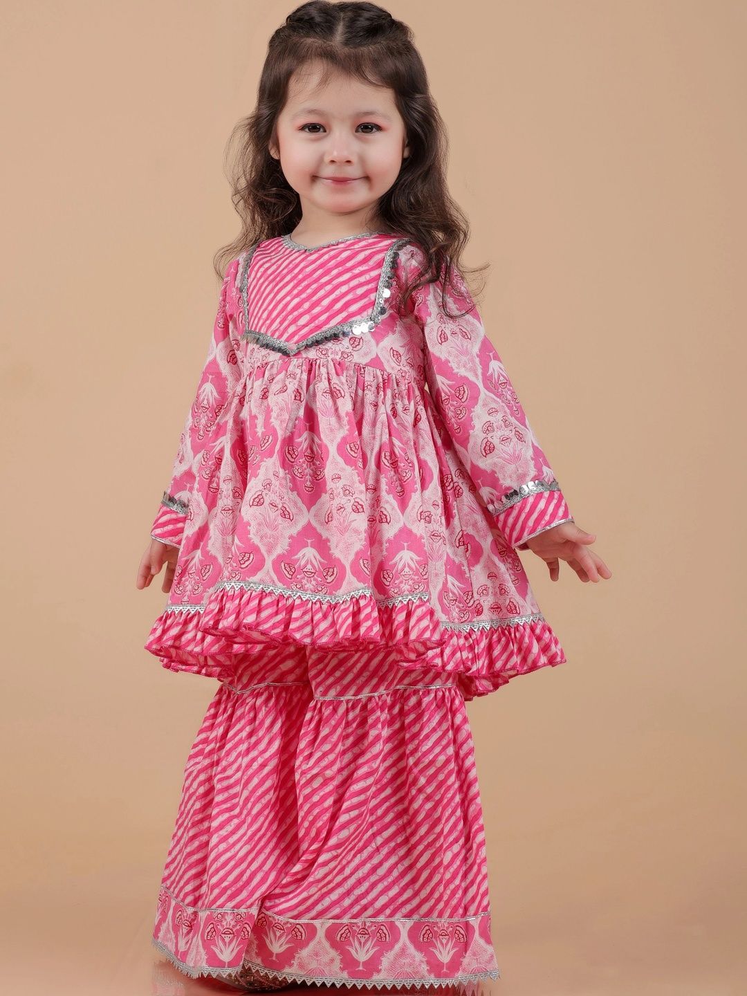 Girls Floral Printed Pleated Round Neck Pure Cotton Anarkali Kurta With Sharara 3