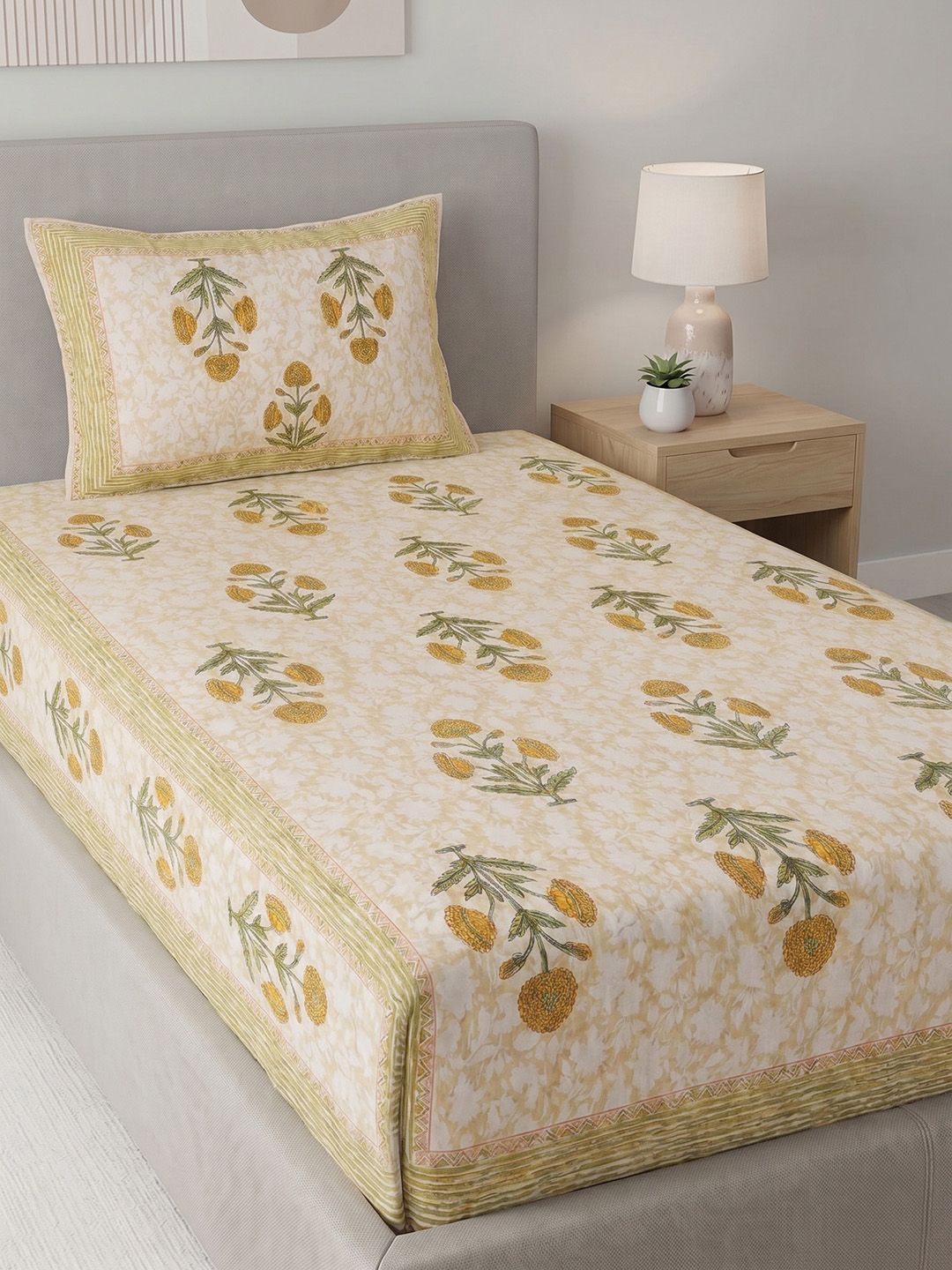 MAFATLAL Yellow & Green Floral 144 TC Single Bedsheet with 1 Pillow Covers