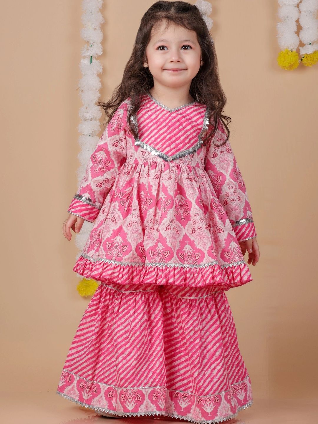 Girls Floral Printed Pleated Round Neck Pure Cotton Anarkali Kurta With Sharara