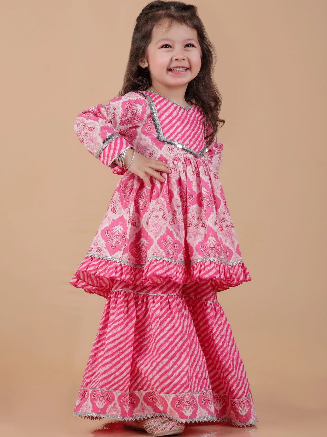 Girls Floral Printed Pleated Round Neck Pure Cotton Anarkali Kurta With Sharara 5