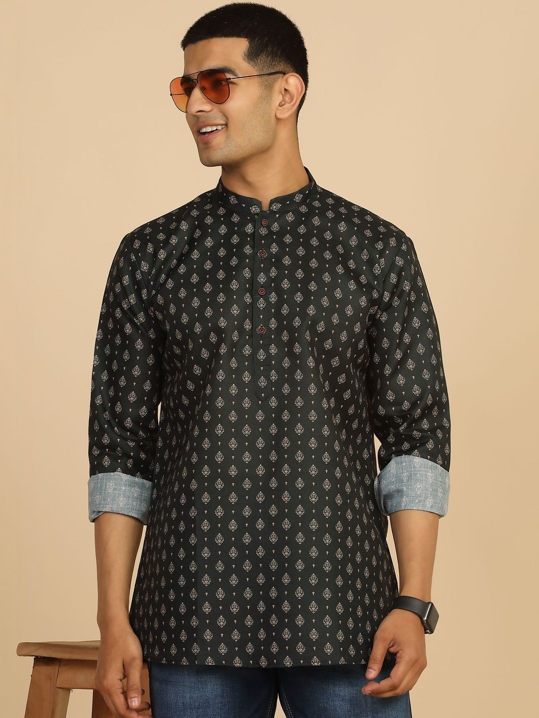 Anouk Mirage Black Ethnic Printed Roll-Up Sleeve Kurta