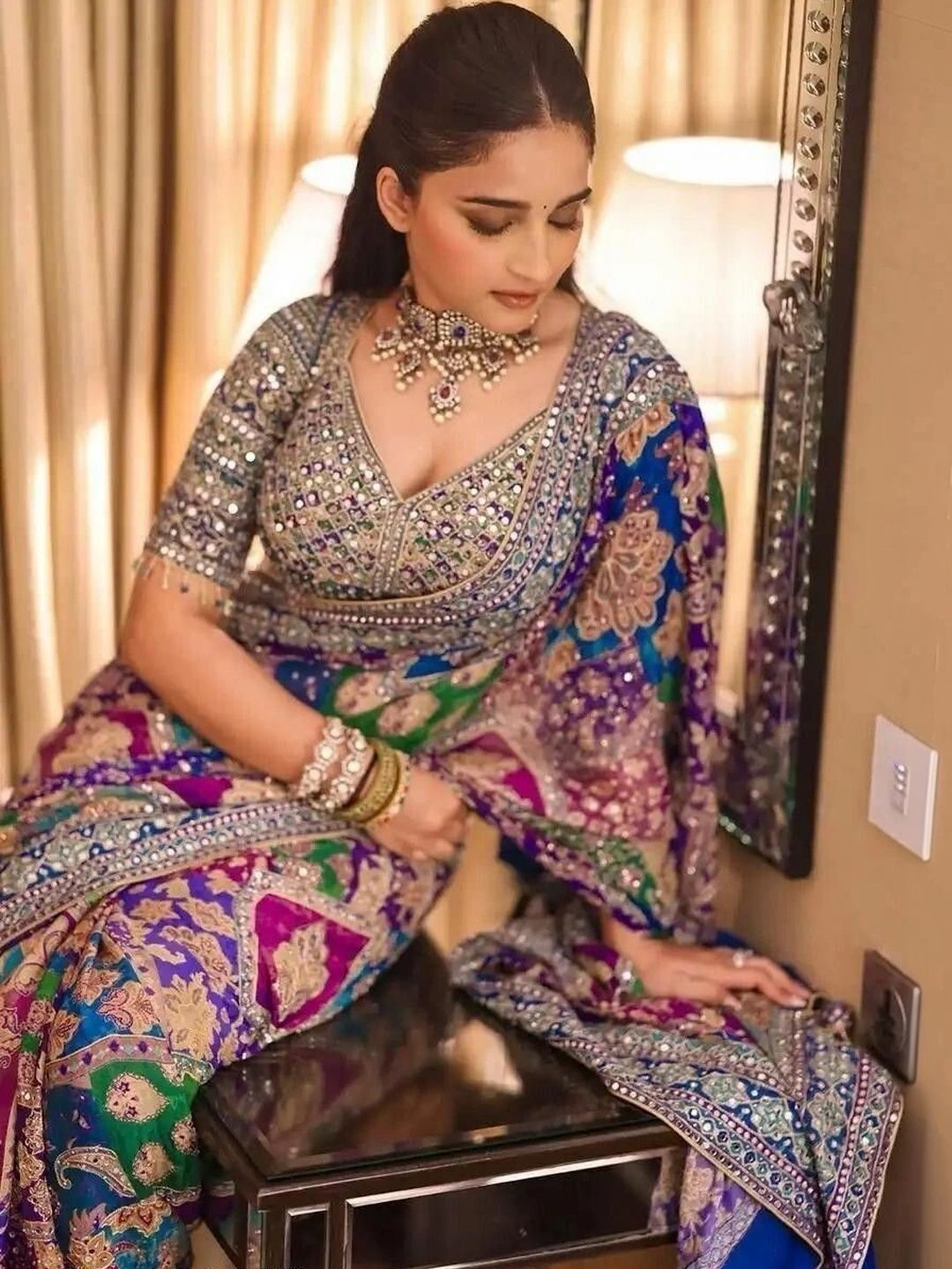 Mirror Work Poly Crepe Saree 4