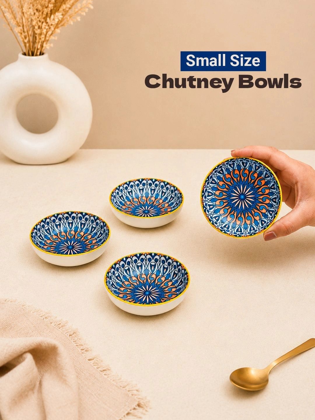 MARKET99 4 Piece Round Ceramic Microwave Safe Chutney Bowl 90 ml Each