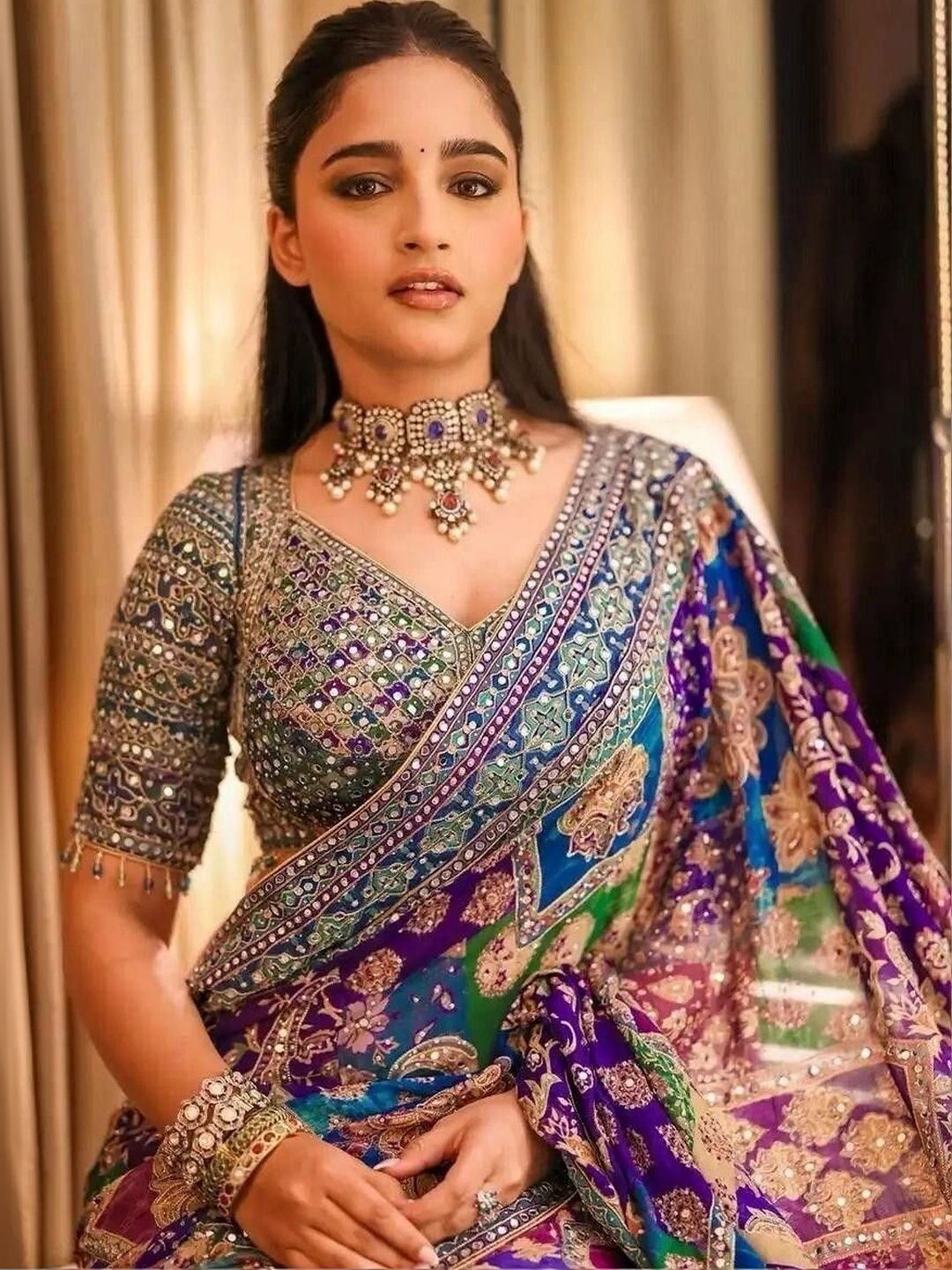Mirror Work Poly Crepe Saree 3
