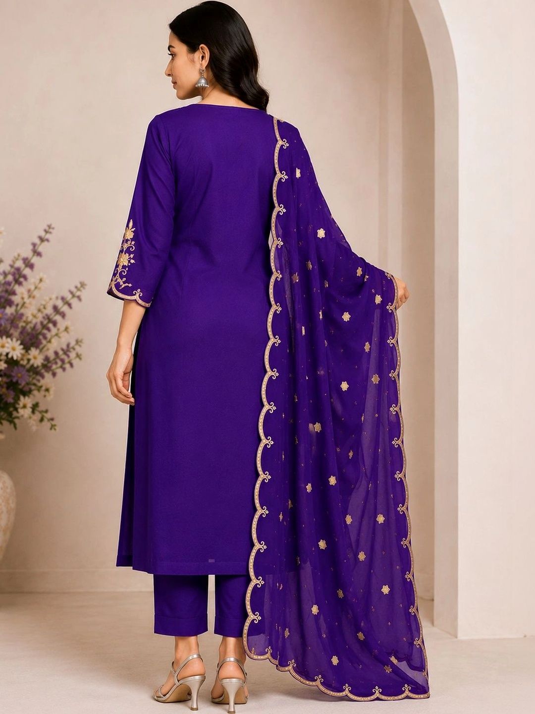 Women Ethnic Motifs Embroidered Regular Thread Work Pure Cotton Kurta with Trousers & With Dupatta 3