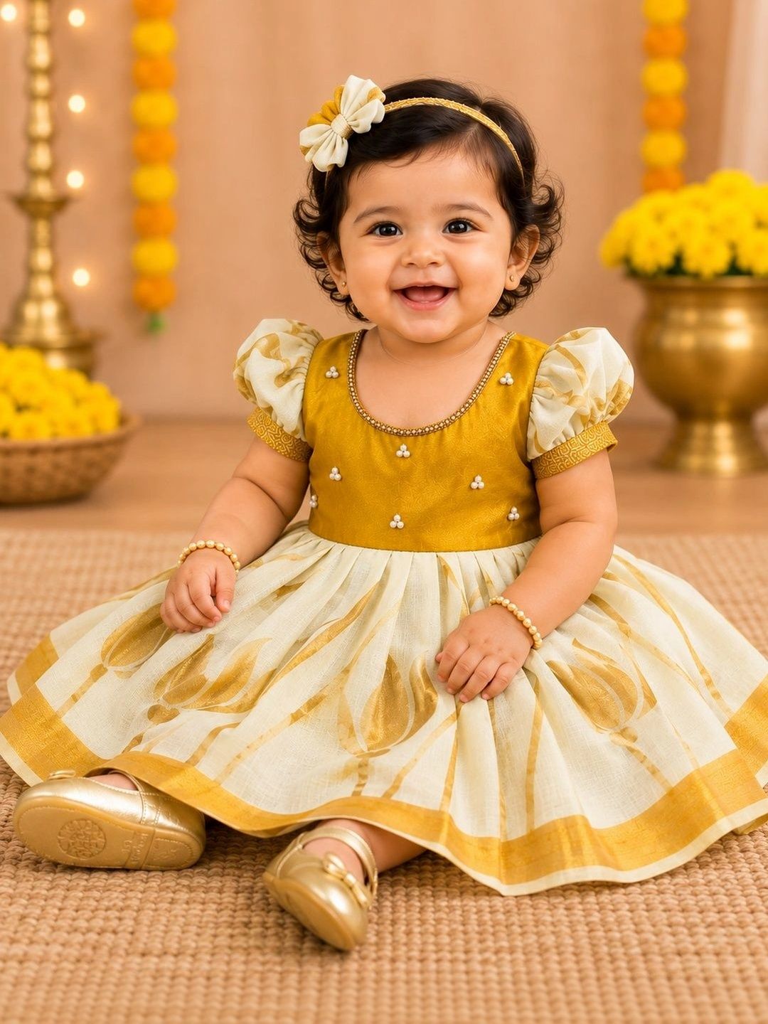 Infant Girls Printed Round Neck A-Line Cotton Ethnic Dresses 3
