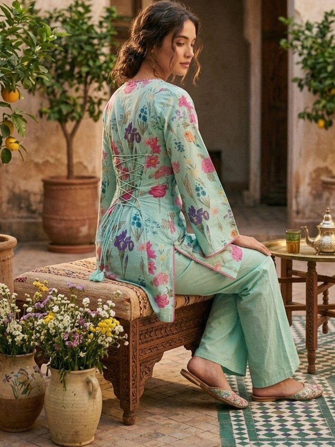 Anouk Women Floral Printed Regular Pure Cotton Kurti with Trousers