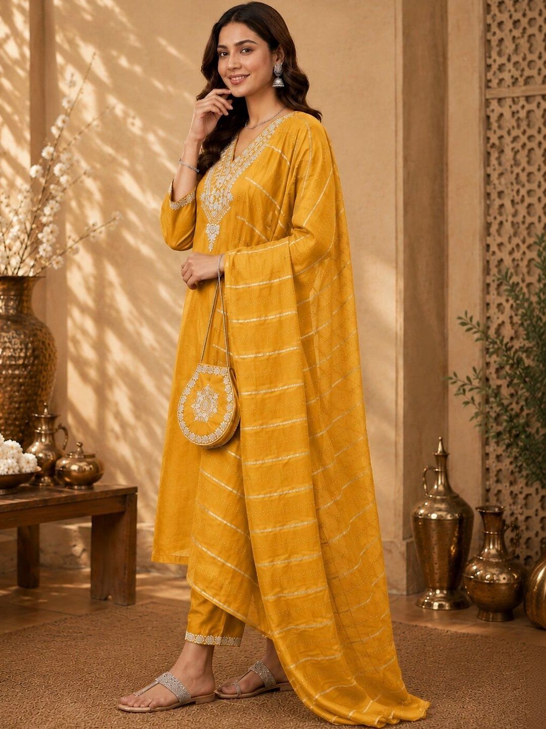 Women Ethnic Motifs Embroidered Regular Thread Work Pure Cotton Kurta with Trousers & With Dupatta 6