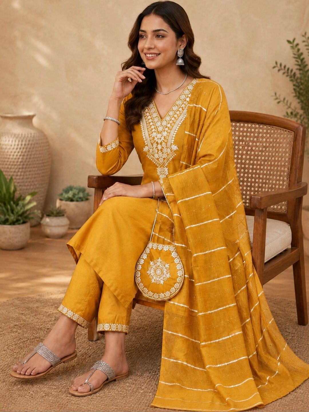 Women Ethnic Motifs Embroidered Regular Thread Work Pure Cotton Kurta with Trousers & With Dupatta 2