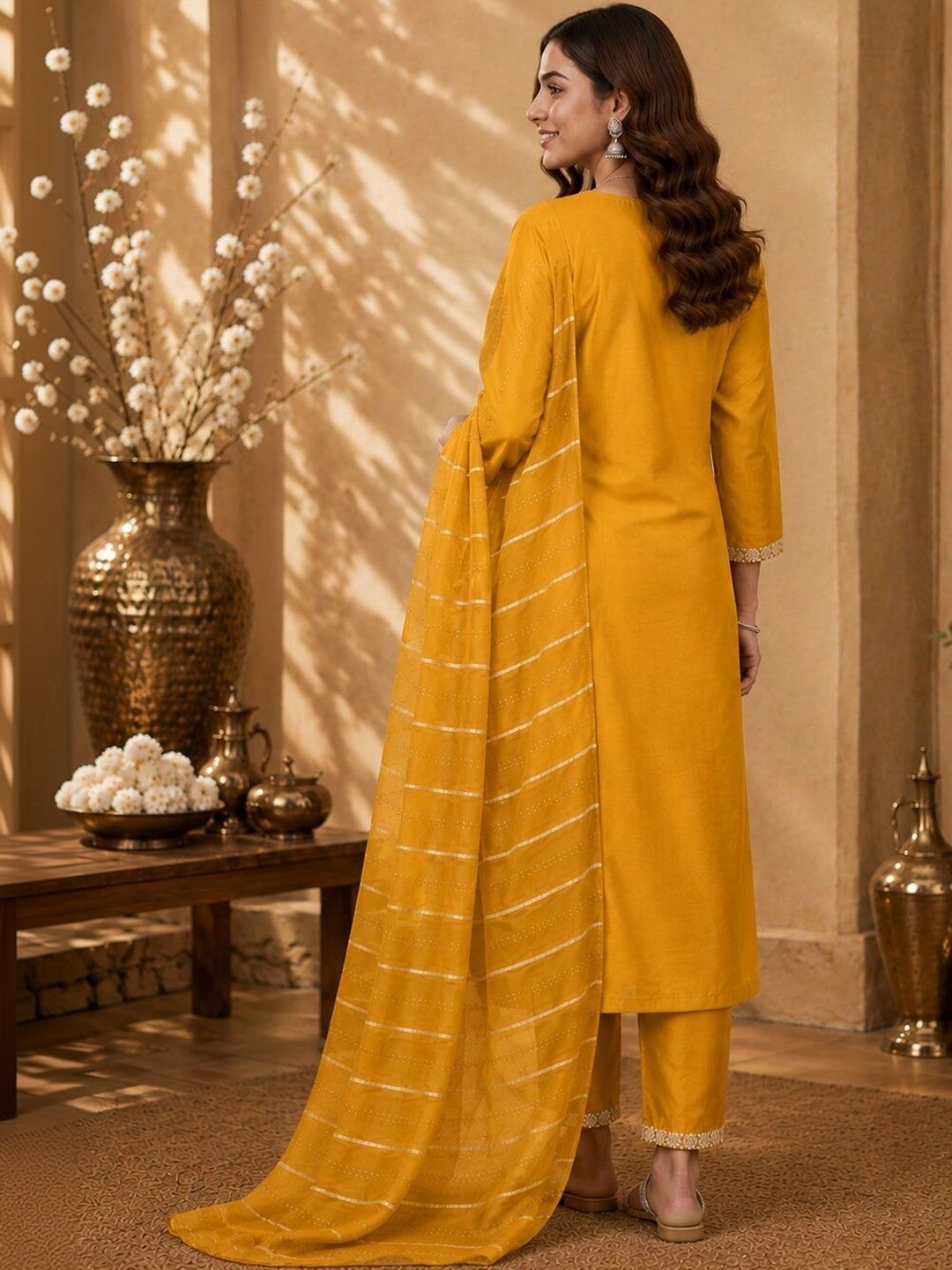 Women Ethnic Motifs Embroidered Regular Thread Work Pure Cotton Kurta with Trousers & With Dupatta 4