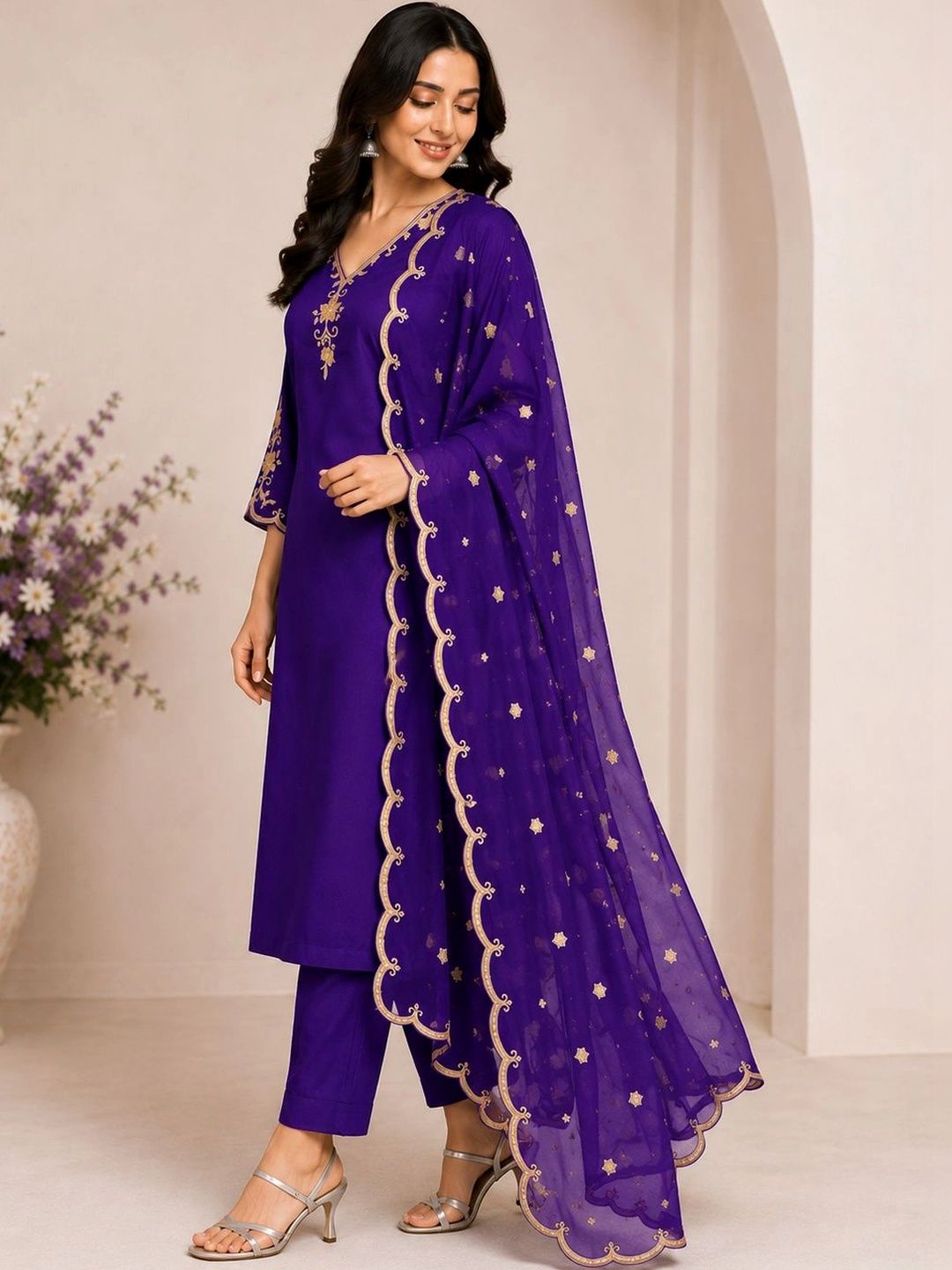 Women Ethnic Motifs Embroidered Regular Thread Work Pure Cotton Kurta with Trousers & With Dupatta 5