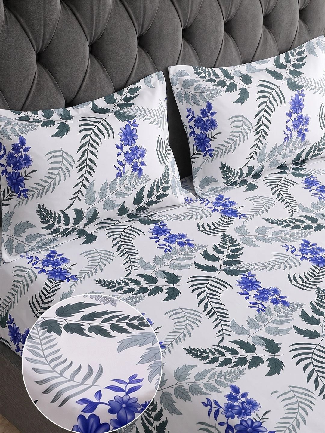 Buy Myntra Elegant Homes White Leaf Printed Cotton 300 TC King Bedsheet Set 98