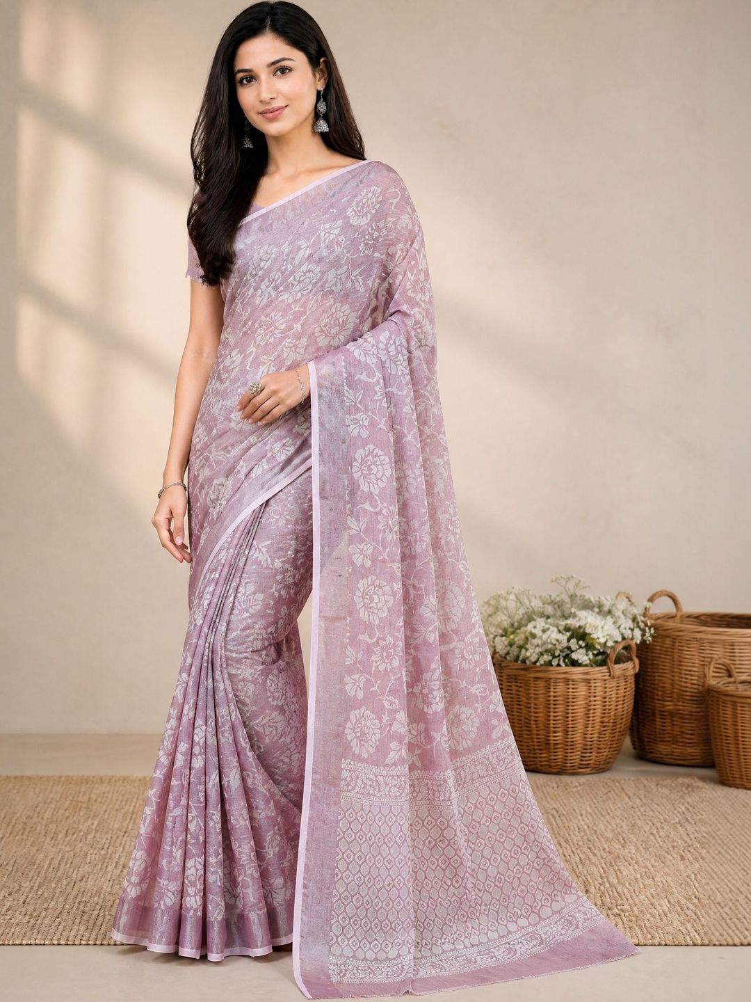 Anouk Women Floral Printed Pure Linen Saree
