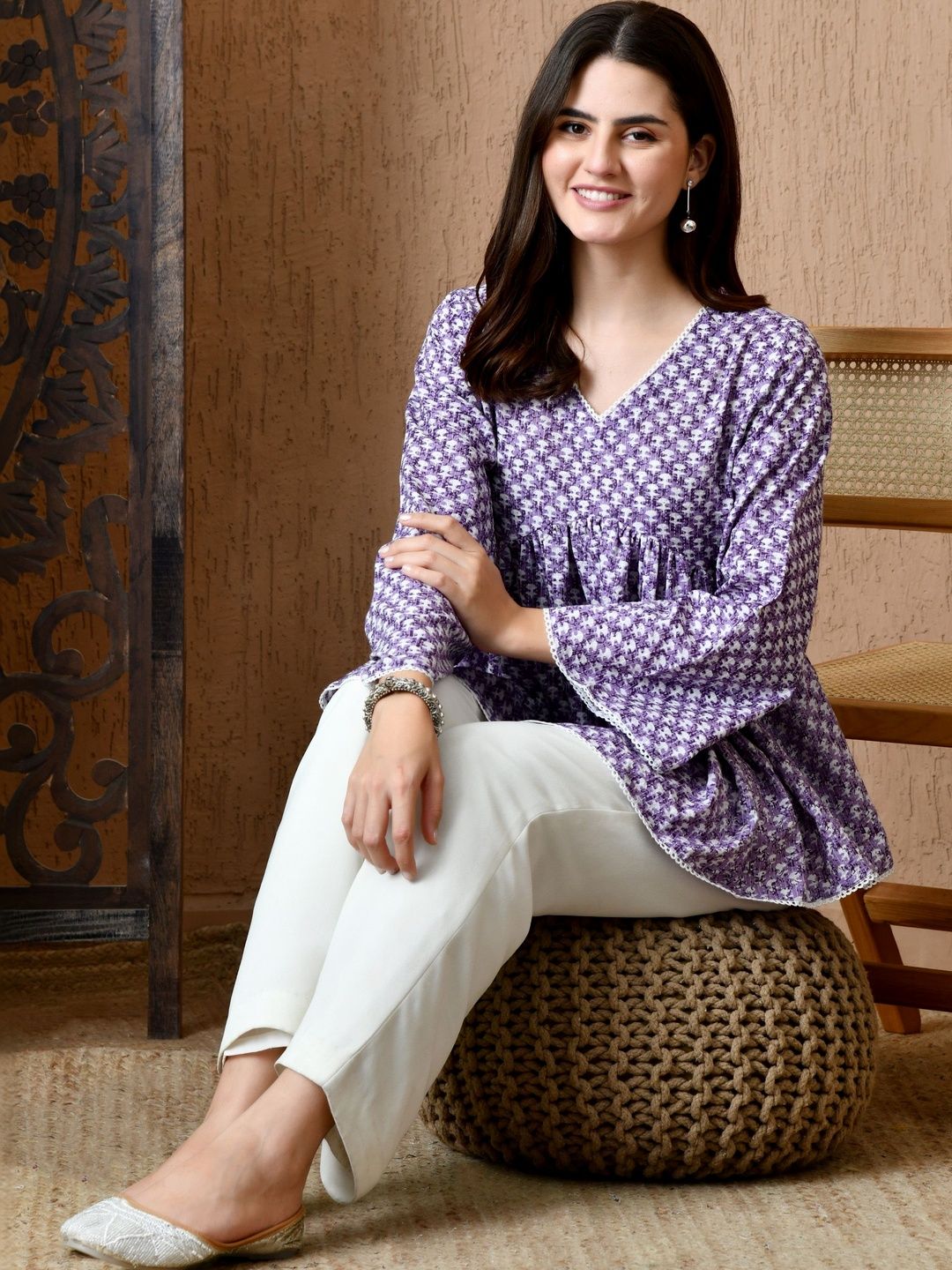 Anouk Geometric Print Bell Sleeve Cotton Peplum Top