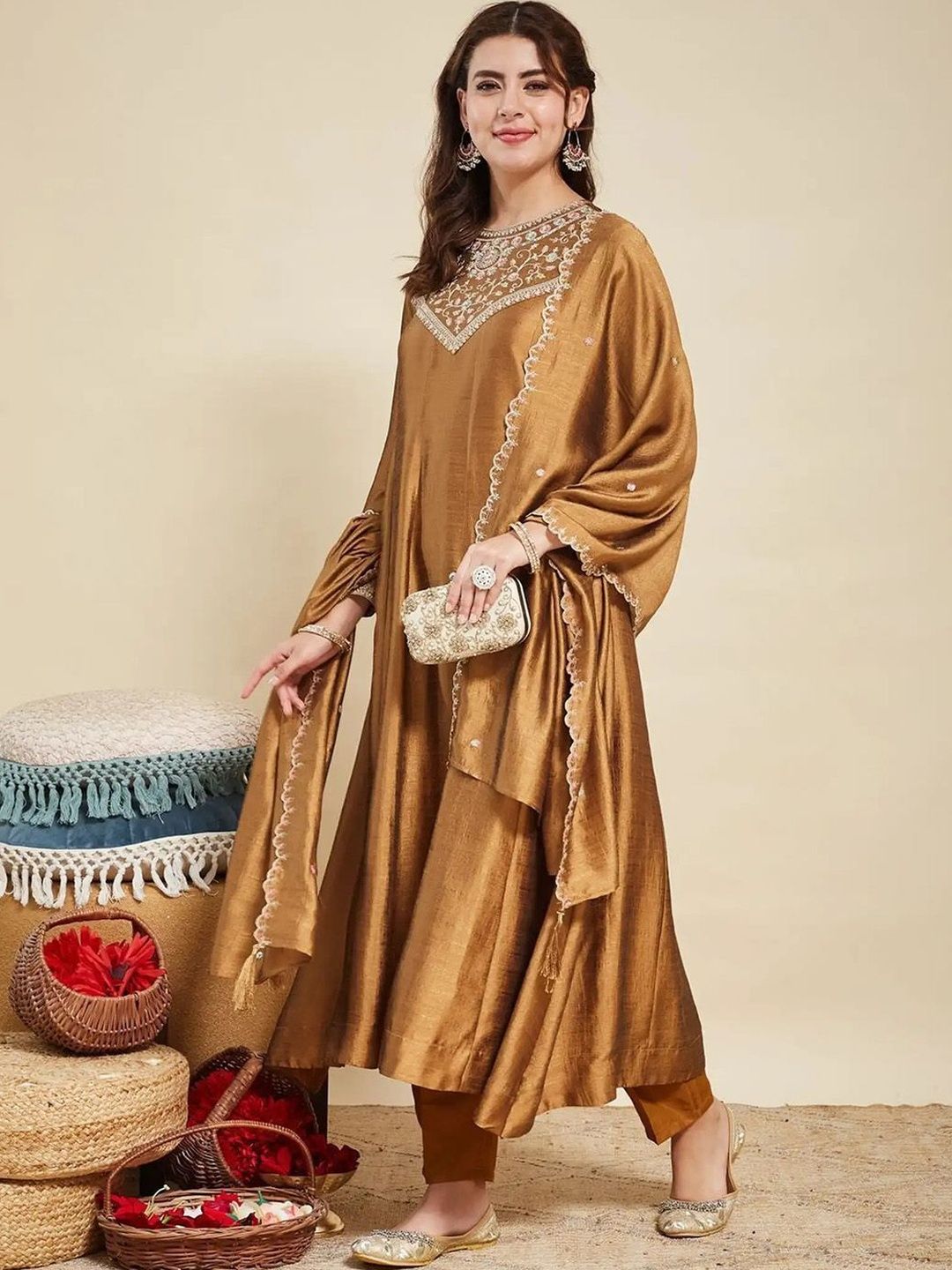 Anouk Women Ethnic Motifs Embroidered Regular Thread Work Kurta with Churidar & With Dupatta