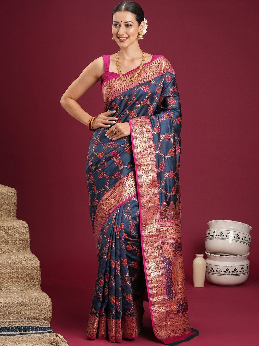 Anouk Navy Blue Floral Zari Silk Blend Heavy Work Banarasi Saree With Unstiched Blouse