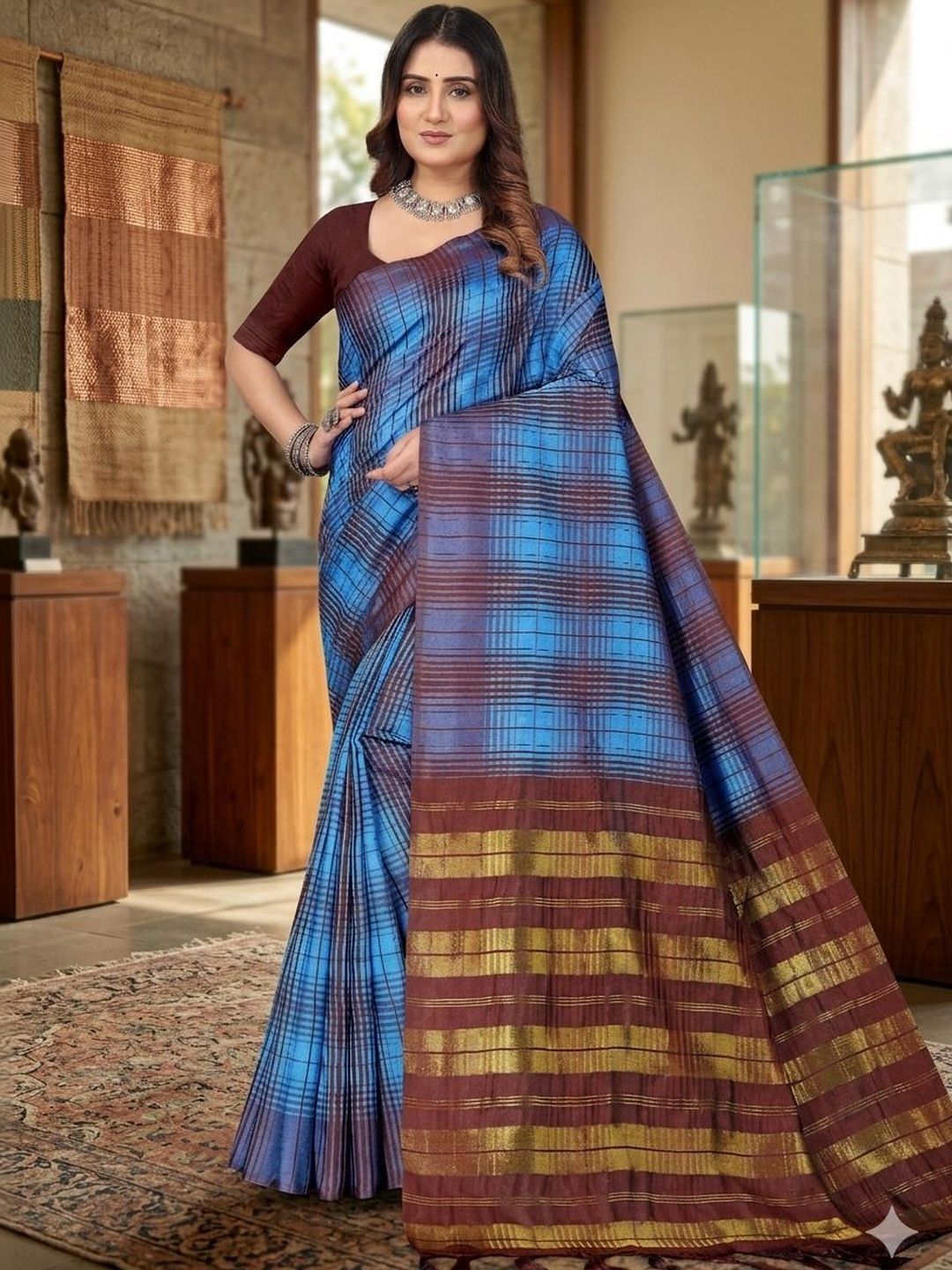 MENFLUENT Checked Silk Cotton Handloom Uppada Saree